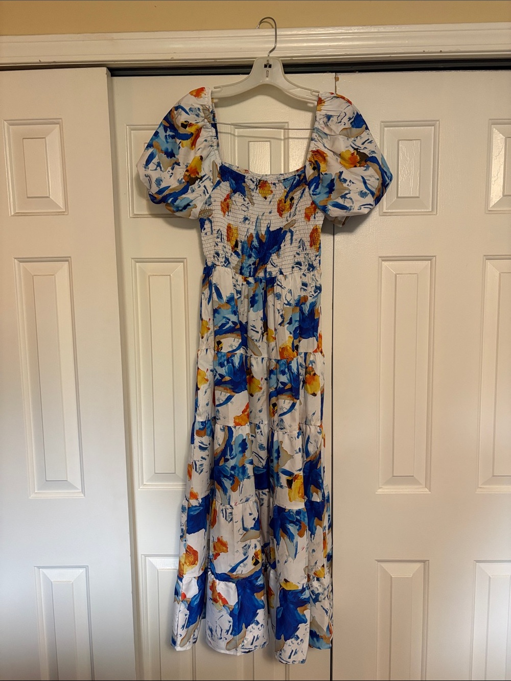 White Floral Maxi Dress with Blue & Yellow Print